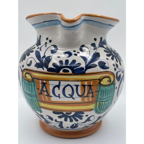 Ricco Deruta Italy Pitcher Hand Painted "ACQUA" Colorful Floral Scroll 6” - Picture 5 of 8